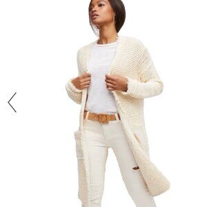 Free People Wouldn't Knit Be Nice Long Ivory Cream open front Duster Cardigan M